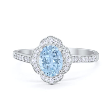 Art Deco Oval Wedding Ring Simulated Aquamarine CZ 925 Sterling Silver